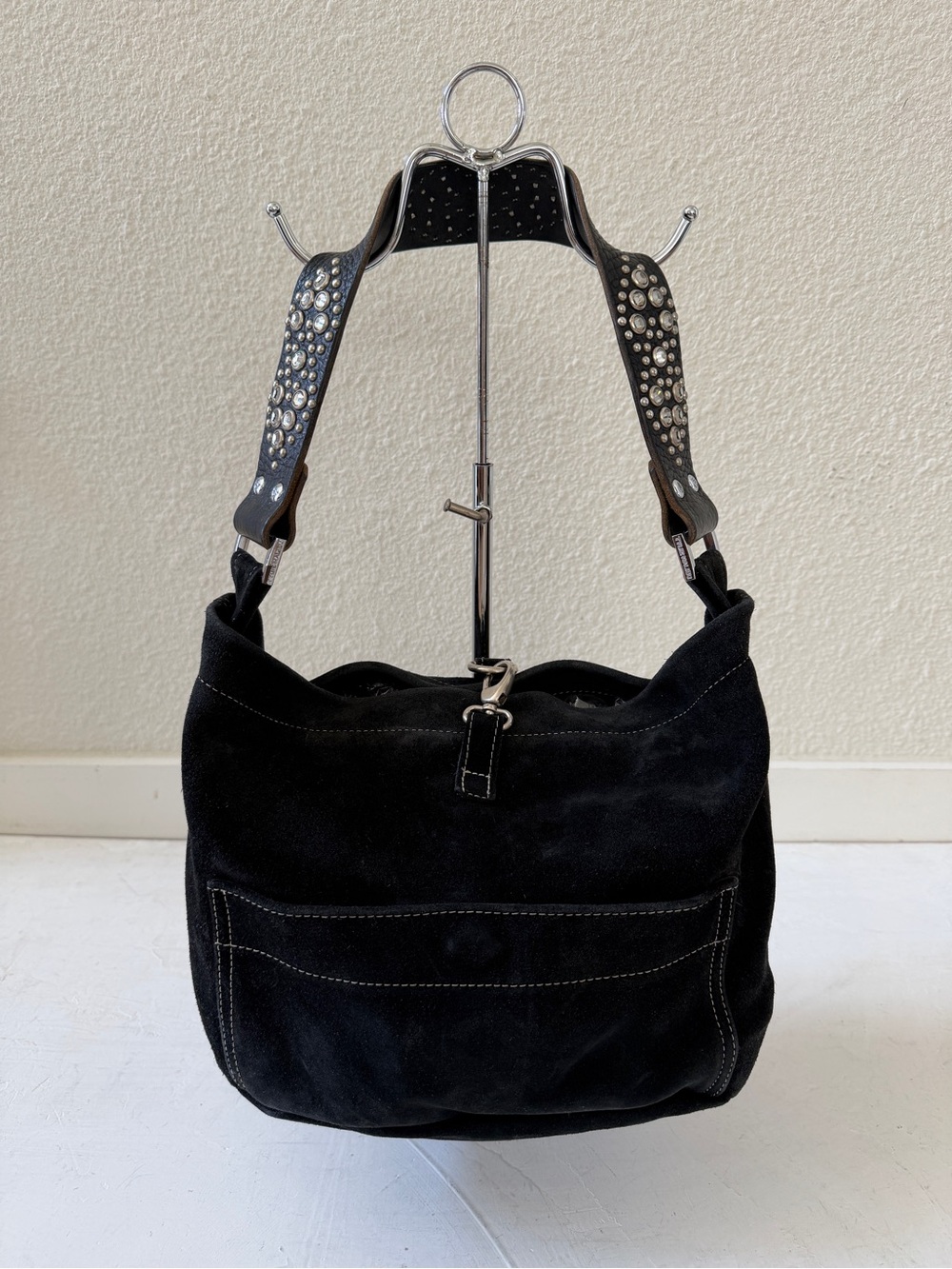 Tylie Malibu Black Suede Rhinestone Strap Hobo Bag